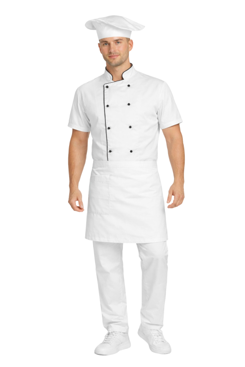 Gastronomiczny zestaw kucharza z krótkim rekawem  – uniform szkolny biały z czarną  lamówką i białą zapaską.png