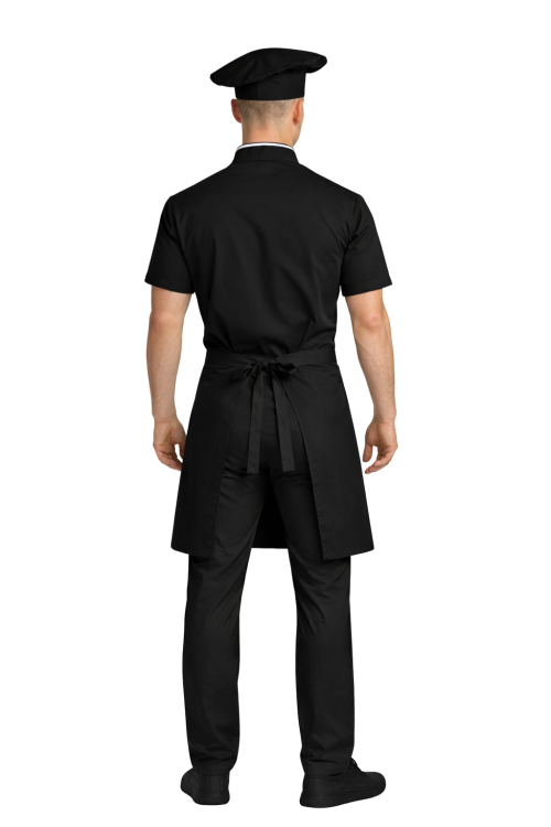 Zestaw kucharza  z krótkim  rękawem– uniform szkolny czarny z białą   lamówką i czarną   zapaską