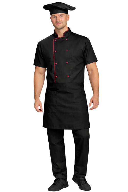 Gastronomiczny zestaw kucharza z krótkim rekawem  – uniform szkolny czarny  z bordową  lamówką i czarną    zapaską.png