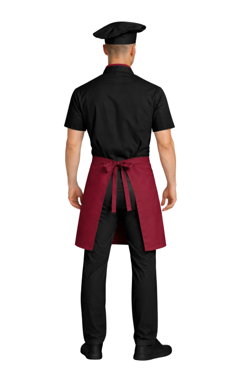 Zestaw kucharza  z krótkim  rękawem– uniform szkolny czarny z bordową   lamówką i bordową  zapaską