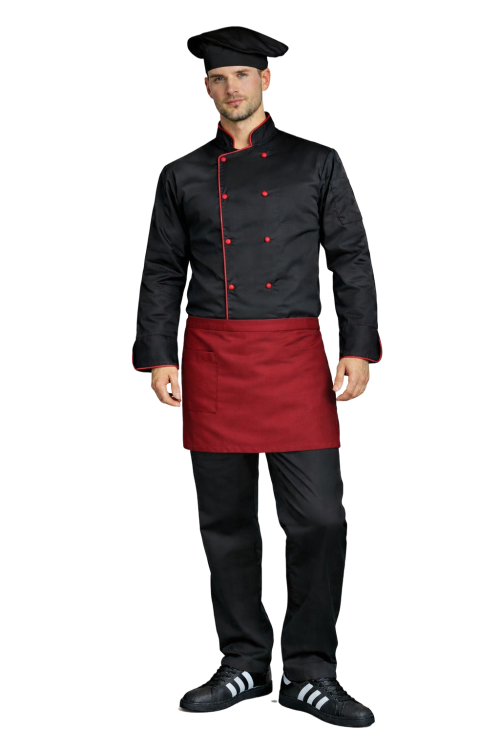 Gastronomiczny zestaw kucharza z długim rękawem  – uniform szkolny czarny  z bordową  lamówką i bordową zapaską