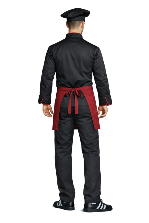 Zestaw kucharza  z długim rękawem– uniform szkolny czarny z bordową lamówką i bordową   zapaską.png