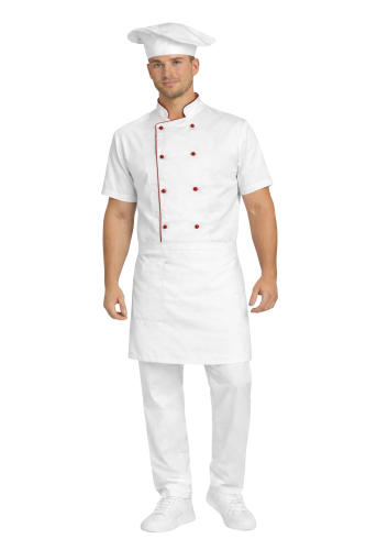 Gastronomiczny zestaw kucharza z krótkim rekawem  – uniform szkolny biały z bordową  lamówką i białą   zapaską.png