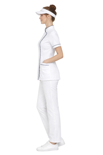 Uniform kucharski  zapinany na zatrzaski w kolorze białym  z granatową lamówką krótki rekaw.png