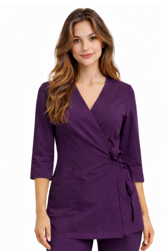 Fioletowa tunika medyczna damska 3/4 rękaw kopertowa