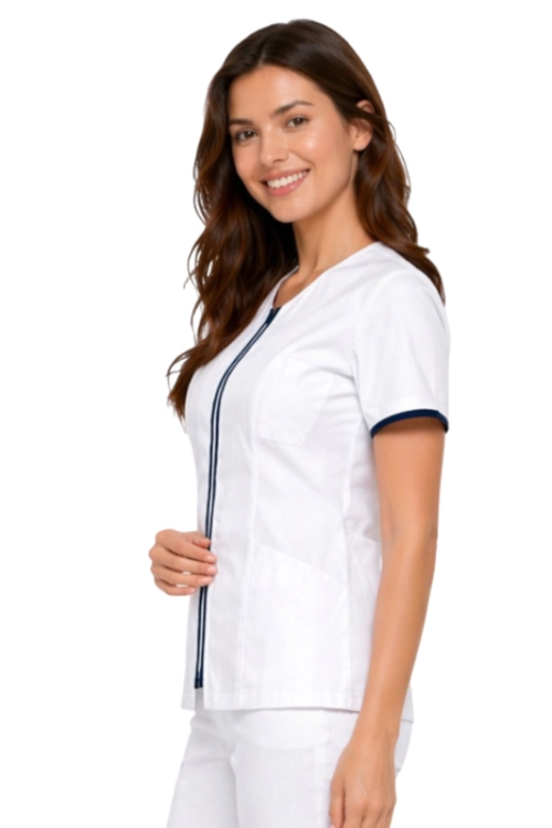 Kosmetyczny żakiet medyczny zapinany na suwak biały z lamówką granat