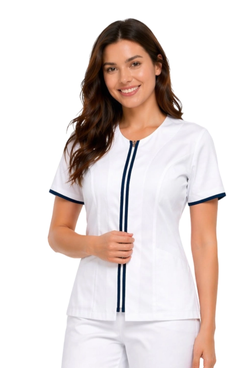 Zapinany na suwak żakiet kosmetyczny biały z lamówką granat