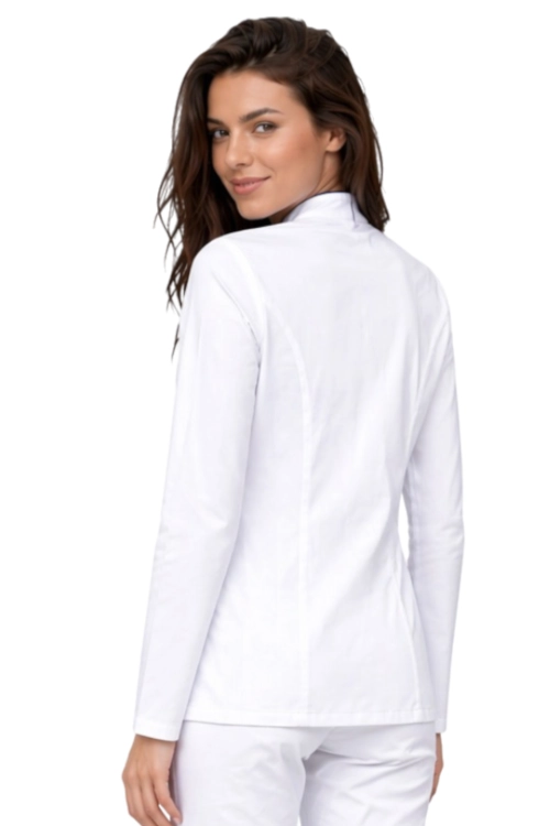 Kosmetyczny żakiet biały  z lamówką granatową i długim  rękawem