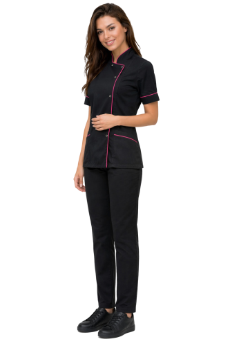 Medyczny komplet bluza czarna  z rożową  lamówką  i  czarne   spodnie cygaretki MEDICAL BEAUTY