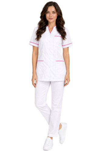 Komplet medyczny biały  damski PHARMACY COMFORT z różową lamówką i białymi spodniami