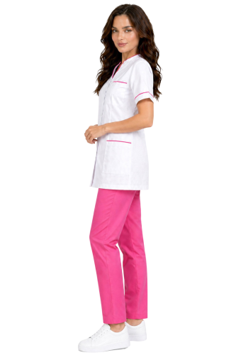 PHARMACY COMFORT komplet medyczny damski biały  z różową lamówką i różowymi spodniami