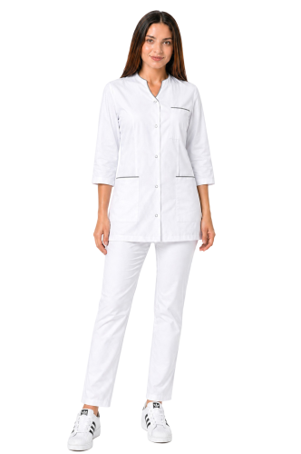 Komplet medyczny damski 3/4 rękaw biały żakiet   z szarą  lamówką i białymi spodniami