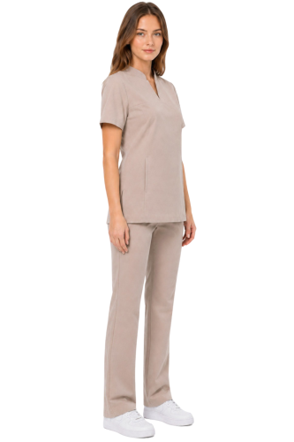 Damski uniform  medyczna ze stójką  CASUAL PREMIUM w kolorze beżowym_bok