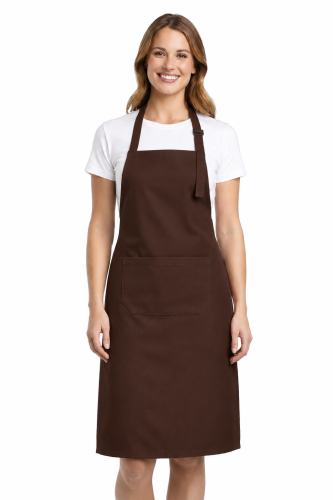 Profesjonalny fartuch gastronomiczny z kieszenią regulowaną klamrą z karczkiem kolor brązowy.png