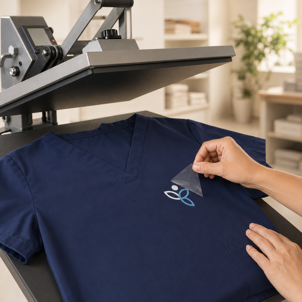 Personalizzazione di una casacca medica blu navy con stampa DTF di ModernBHP