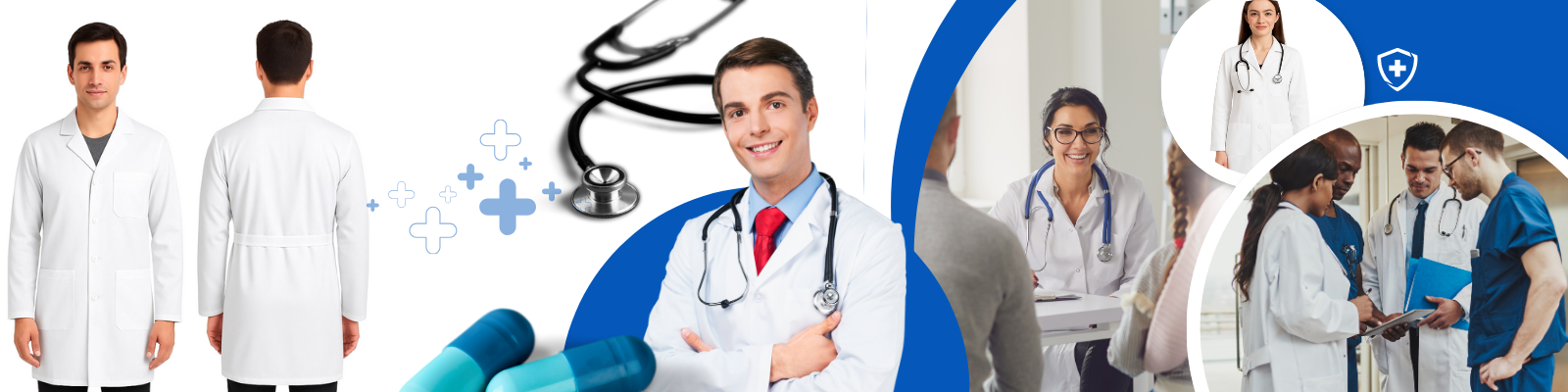 Team di tecnici di laboratorio in abbigliamento da laboratorio ModernBHP – camici, giacche, pantaloni. Produzione polacca.